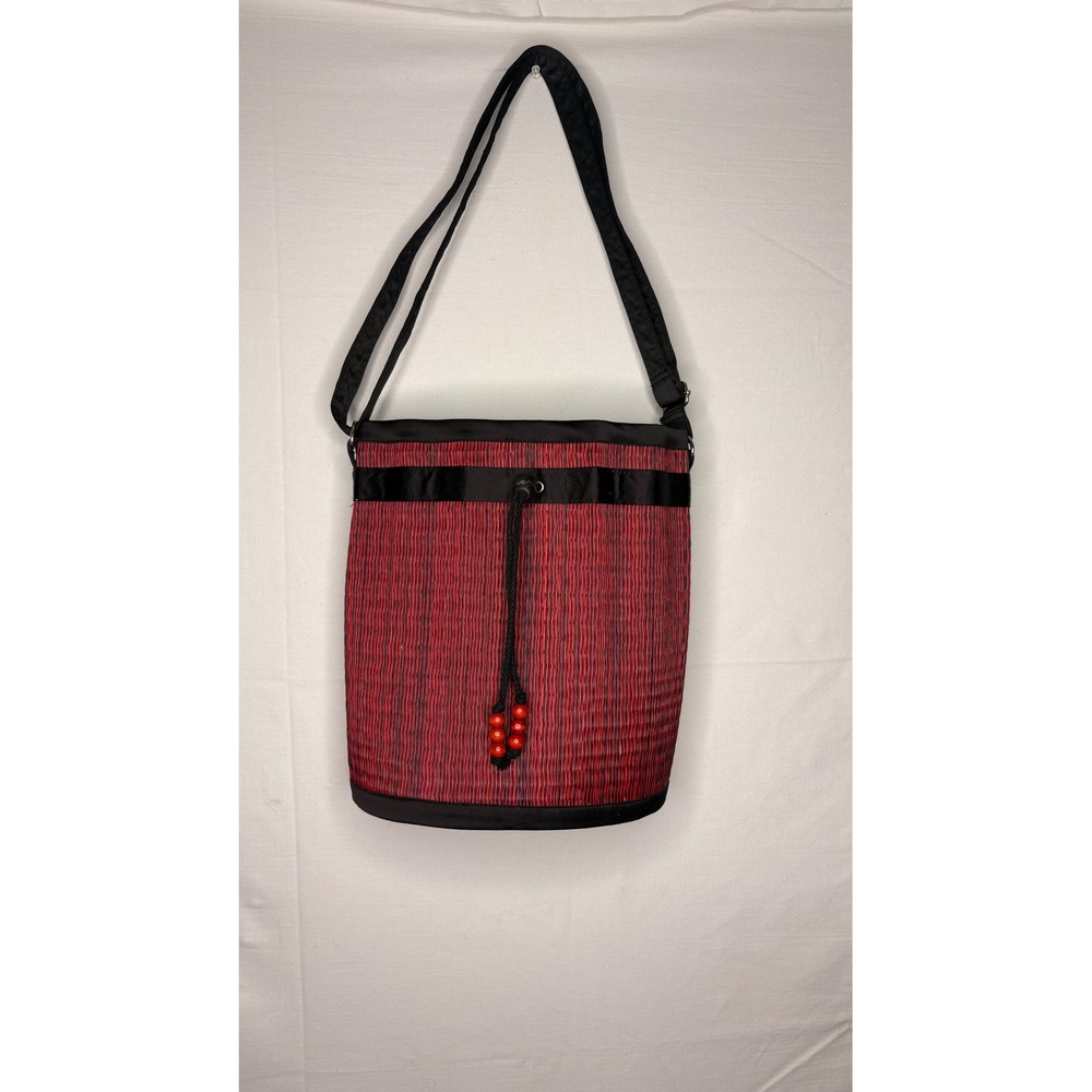 Baskets of Cambodia Red Woven Grass Bucket Bag Crossbody Drawstring Bead Detail